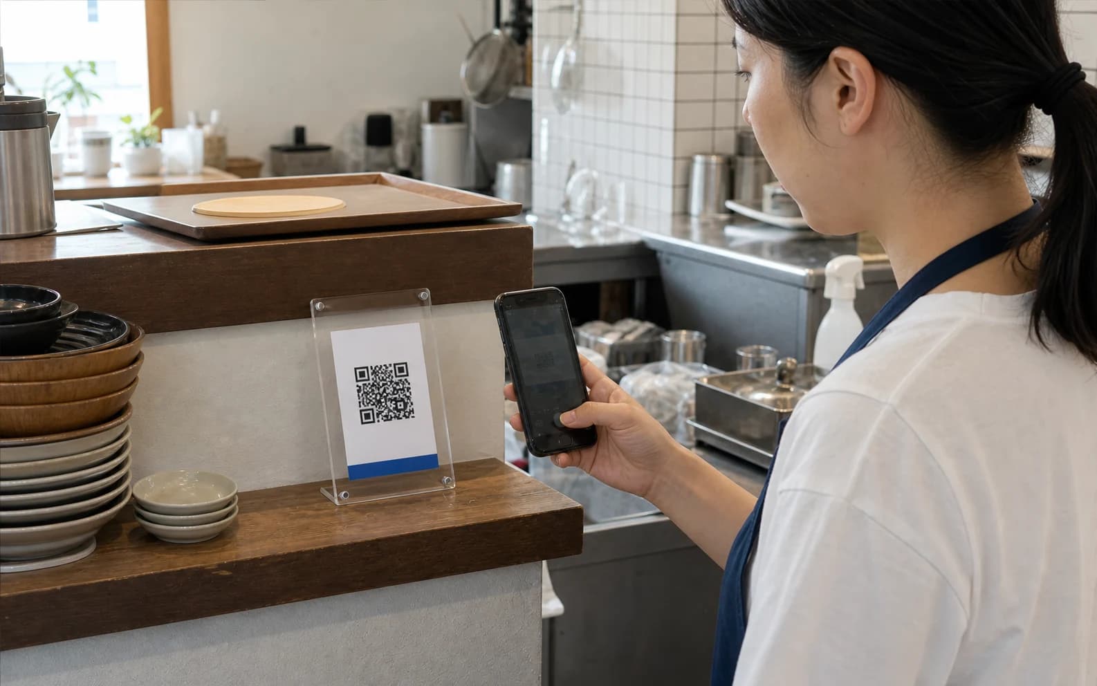 店舗の作業場所に置かれたQRコードをスマホで確認するスタッフ