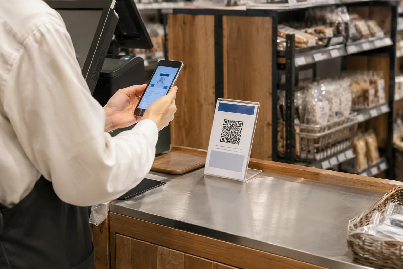 小売店のレジ横に置かれたQRコードをスマホで読み取るスタッフ
